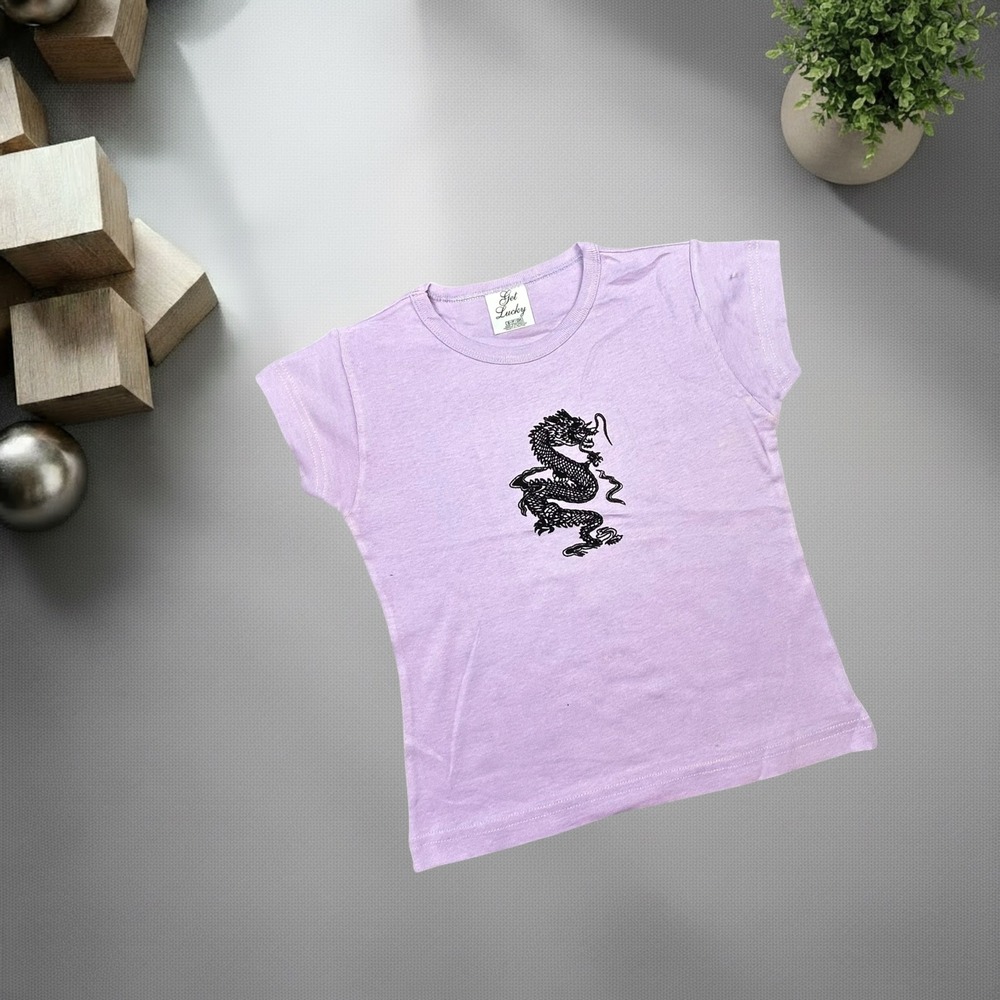 Vintage Get Lucky Lavender Dragon Graphic Baby Tee Y2K 90s Purple Small